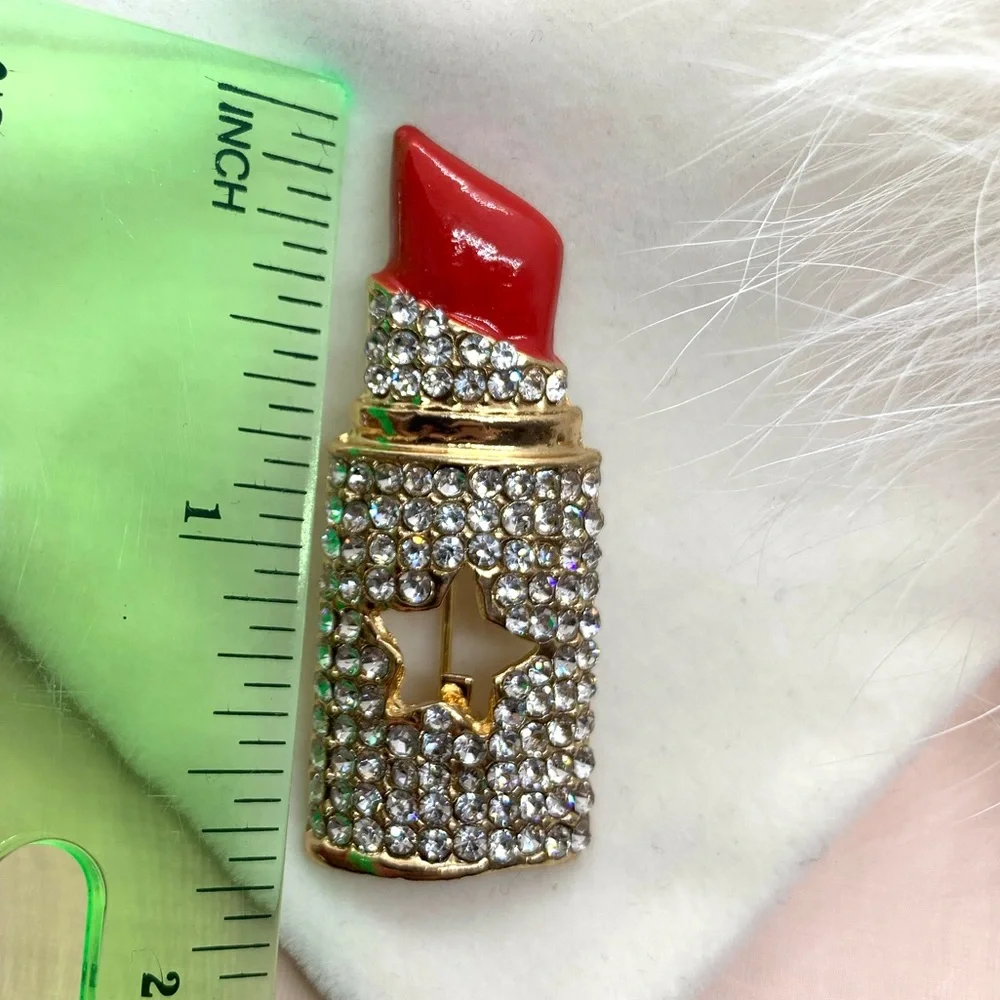 Red Rhinestone Lipstick Brooch - Picture 3 of 3